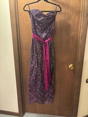 Accidentally In Love Purple Floral Strapless Dress with Fuchsia Sash